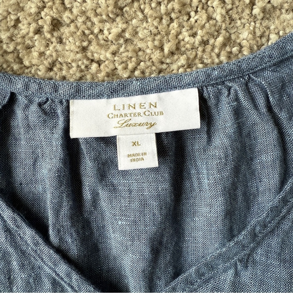 Charter Club Luxury Linen Front Tie Blue Lagenlook Top - Picture 6 of 10